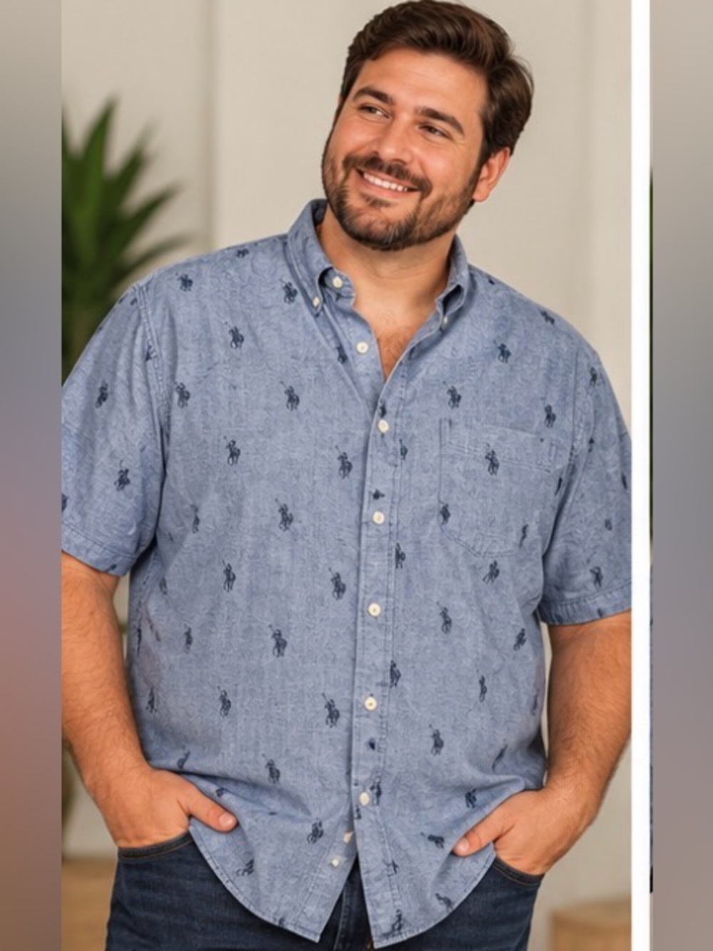 29” ptp U.S. Polo Assn. Chambray Polo Player Print Shirt. Chambray Cotton Shirt